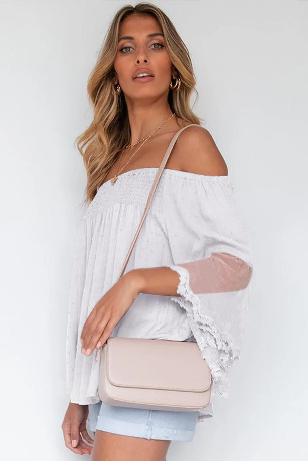 Off The Shoulder Sheer Patchwork Ruffle Blouse
